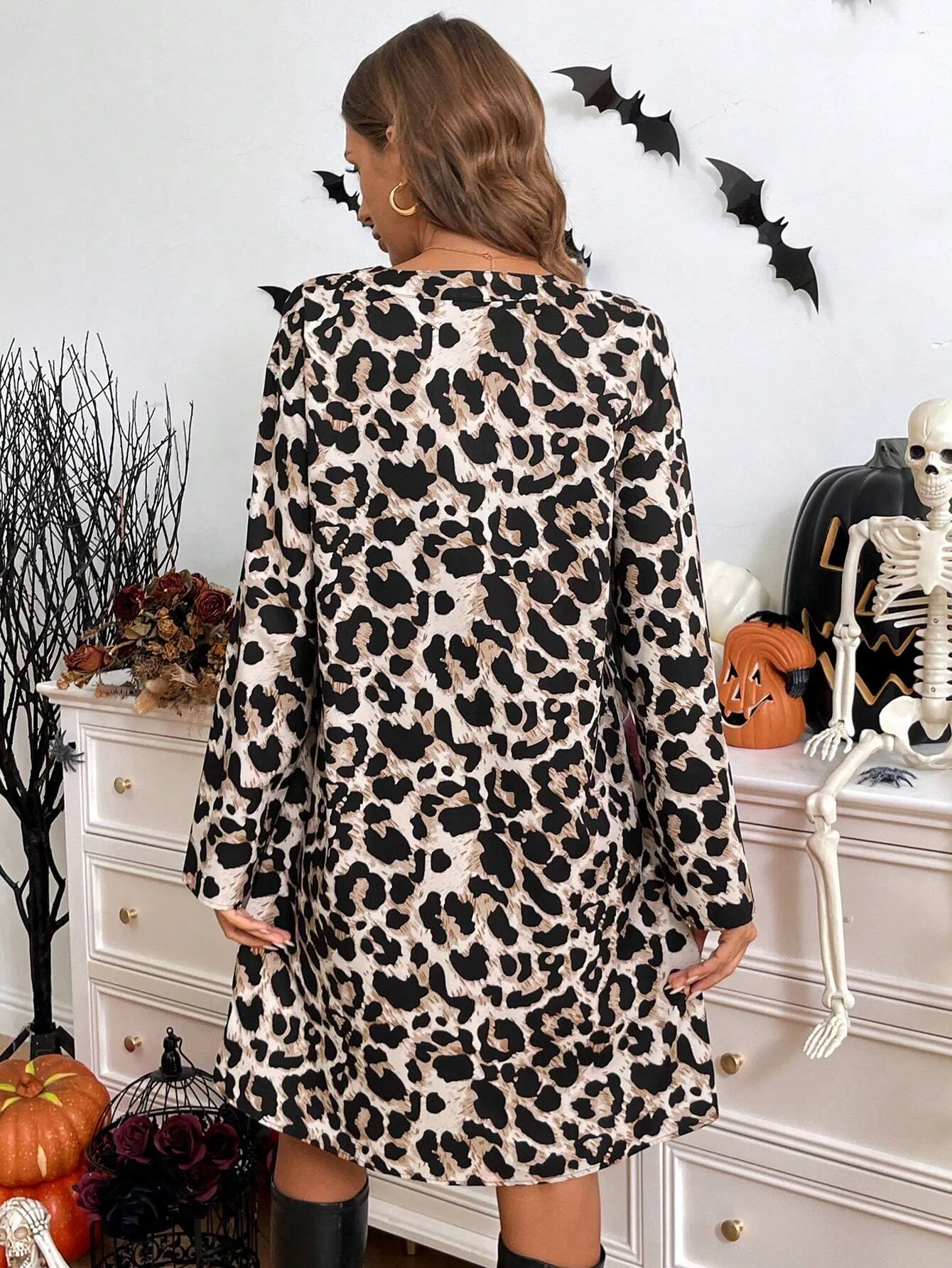 2024 Autumn New Arrivals Women Leopard Floral Print Short Mini Dress