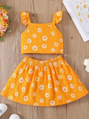 2pcs Summer Cap Sleeve Top & Daisy Allover Print Skirt Fresh Outfit Set For Girls, 3-8 Years Casual Clothing