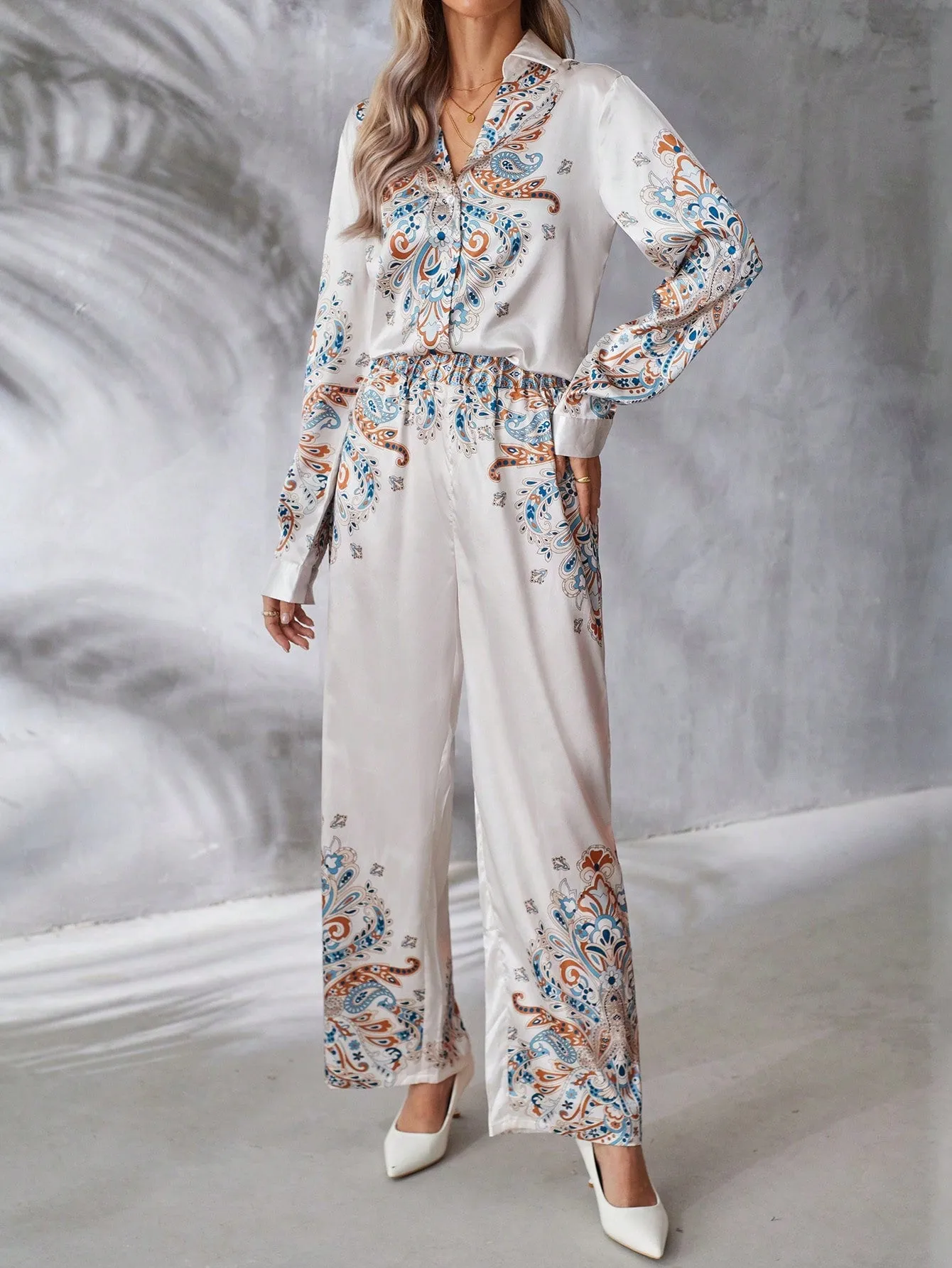 2pcs/set Long Sleeve Printed Shirt And Pants Outfit