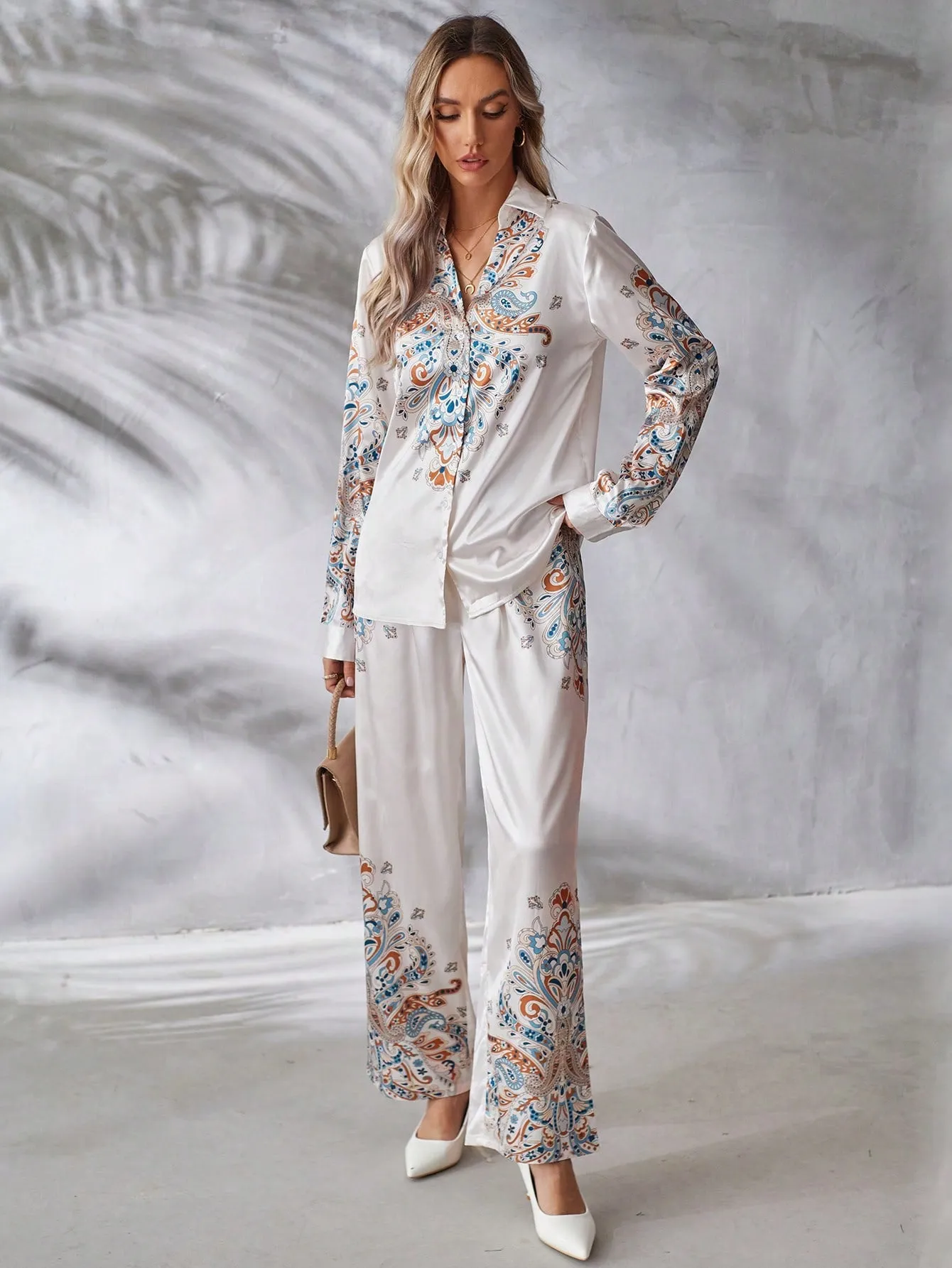 2pcs/set Long Sleeve Printed Shirt And Pants Outfit