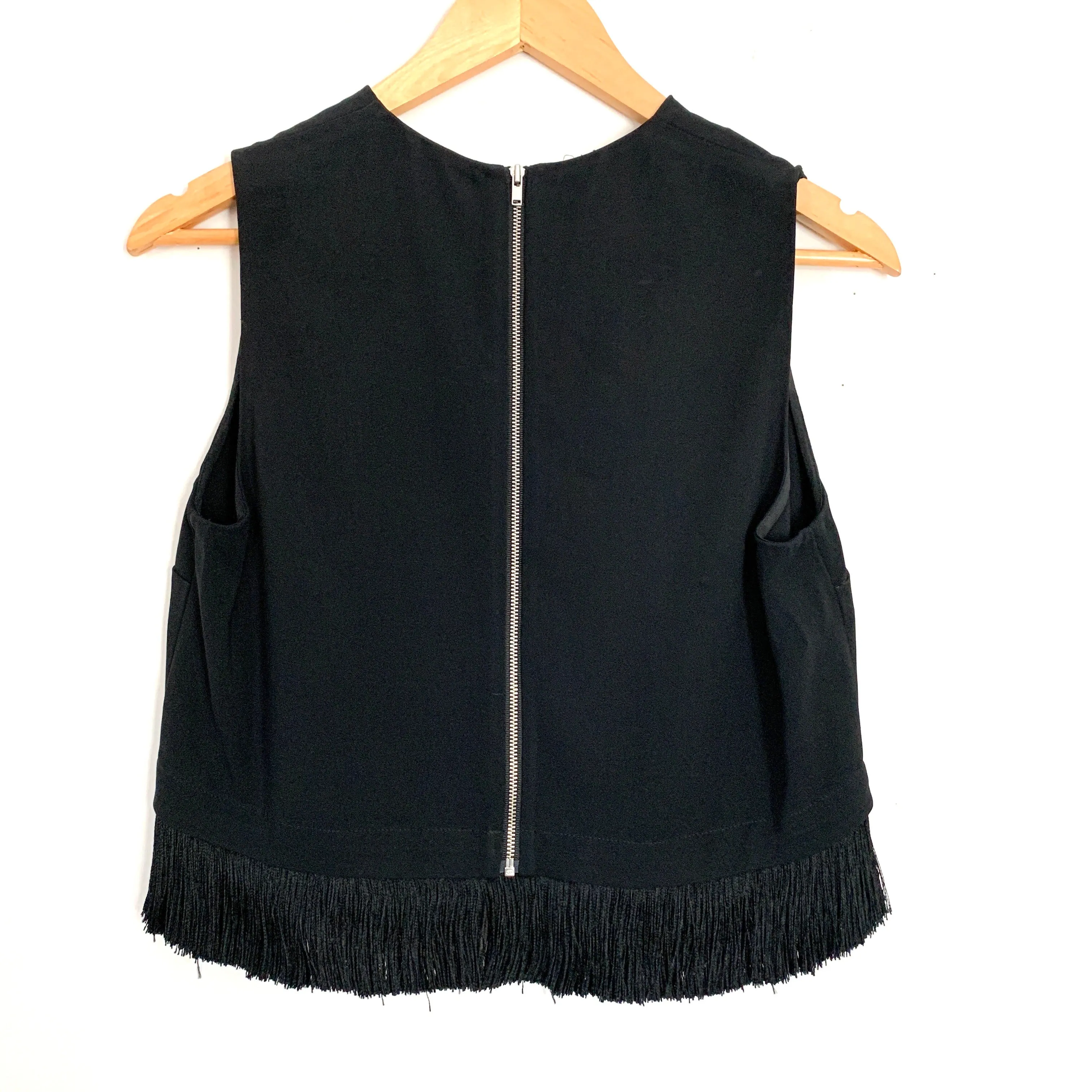 A.L.C Black Blouse with Fringe Hem and Back Exposed Zipper- Size 8