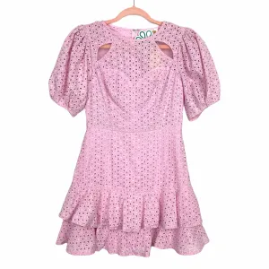 A.Peach Pink Eyelet Front Mesh Cut Out Puff Sleeve Dress NWT- Size S