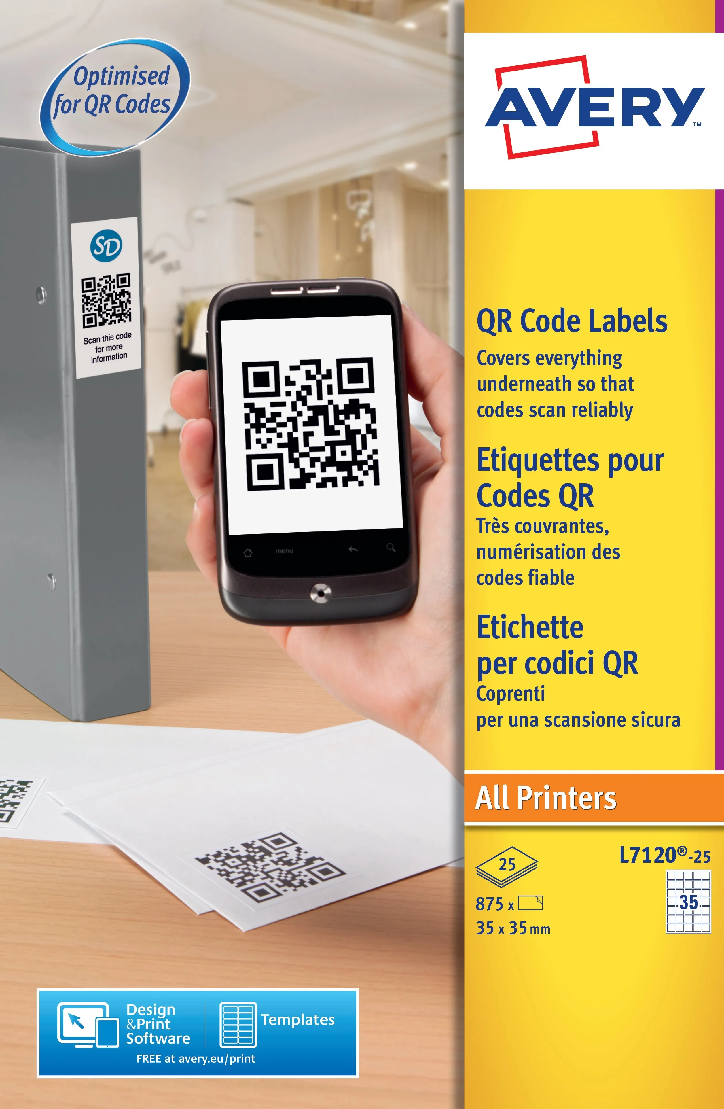 Avery QR Code Label 35x35mm 35 Per A4 Sheet White (Pack 875 Labels) L7120-25