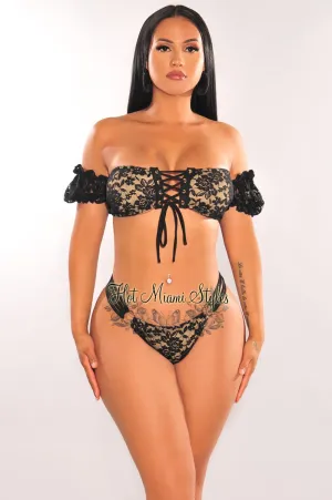 Black Nude Floral Lace Off Shoulder Strappy O-Ring Bikini Top