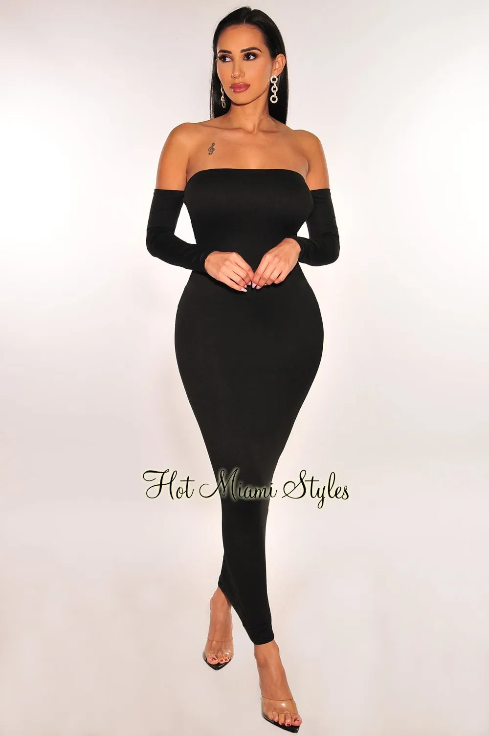 Black Off Shoulder Long Sleeve Scrunch Butt Open Back Midi Dress