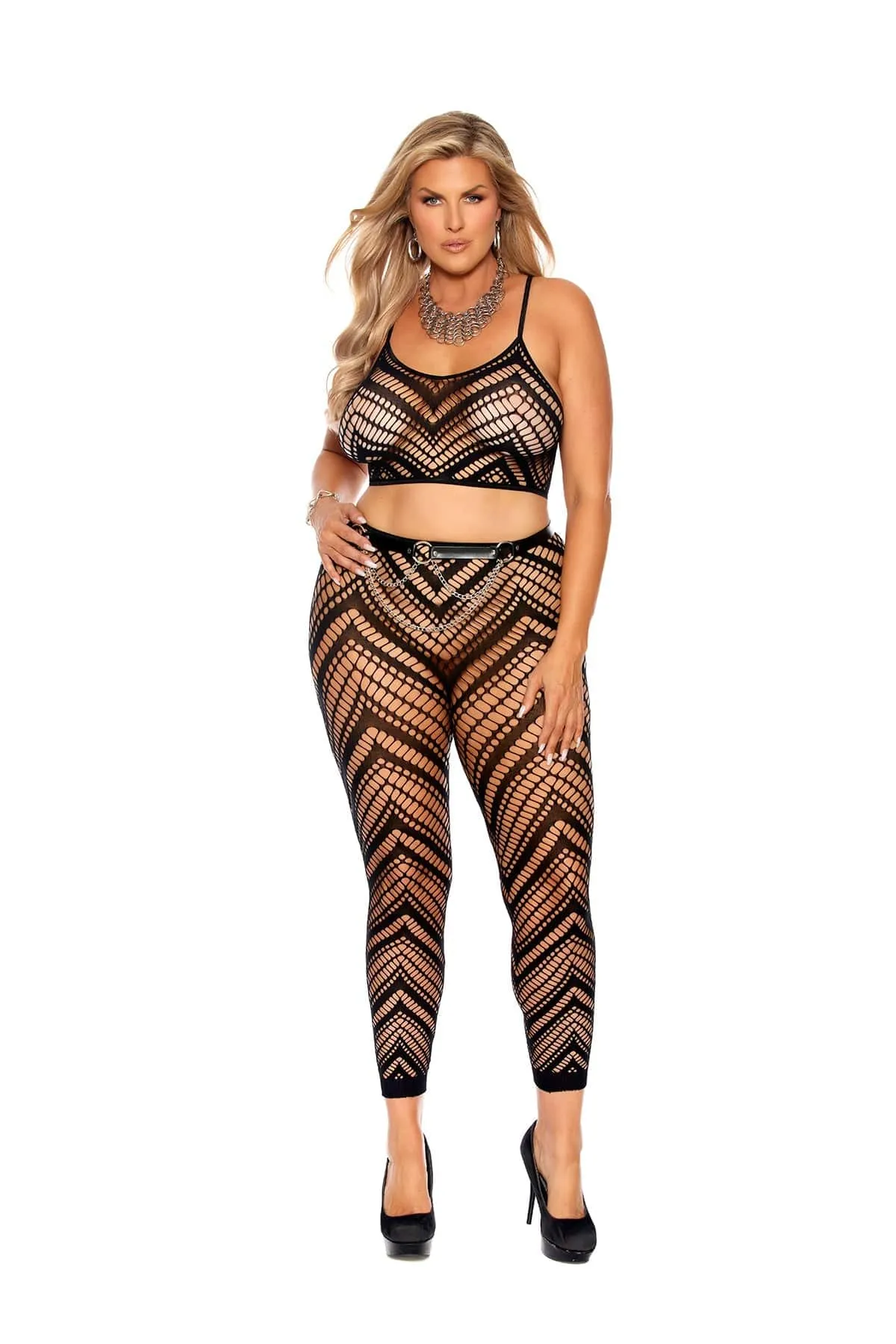 Black Plus Size Zig Zag Crochet Net Cami Top and Leggings