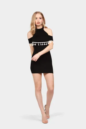 Black/White Cold Shoulder Tassel Mini Dress