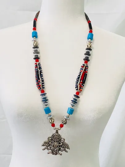 Bohemian Necklaces,Silver Indian Neckpiece with Beads,Kubera Necklace,Chunky Handmade Jewelry,Vintage Necklace,Statement Necklace