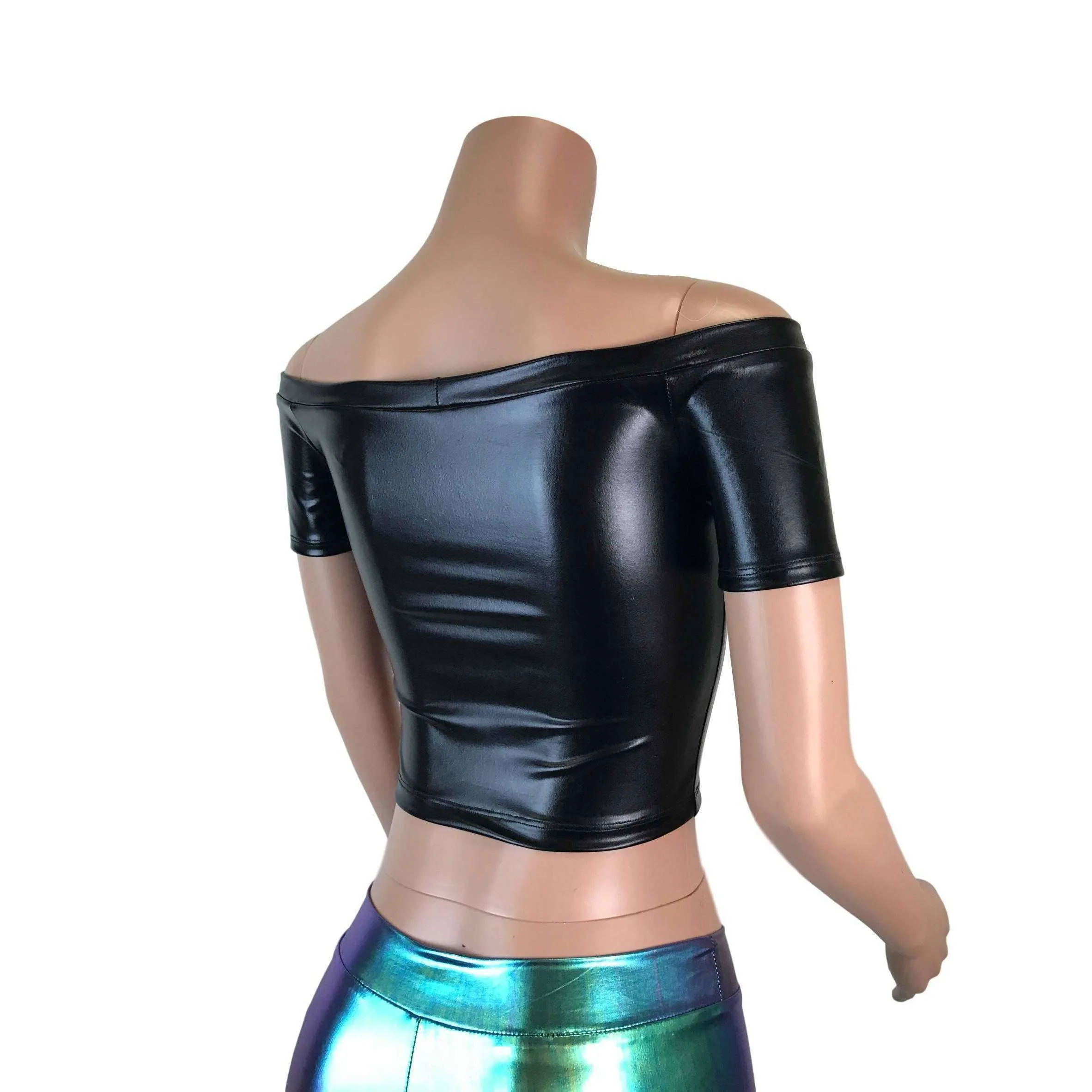 Cold Shoulder Top - Black Metallic "Wet Look"