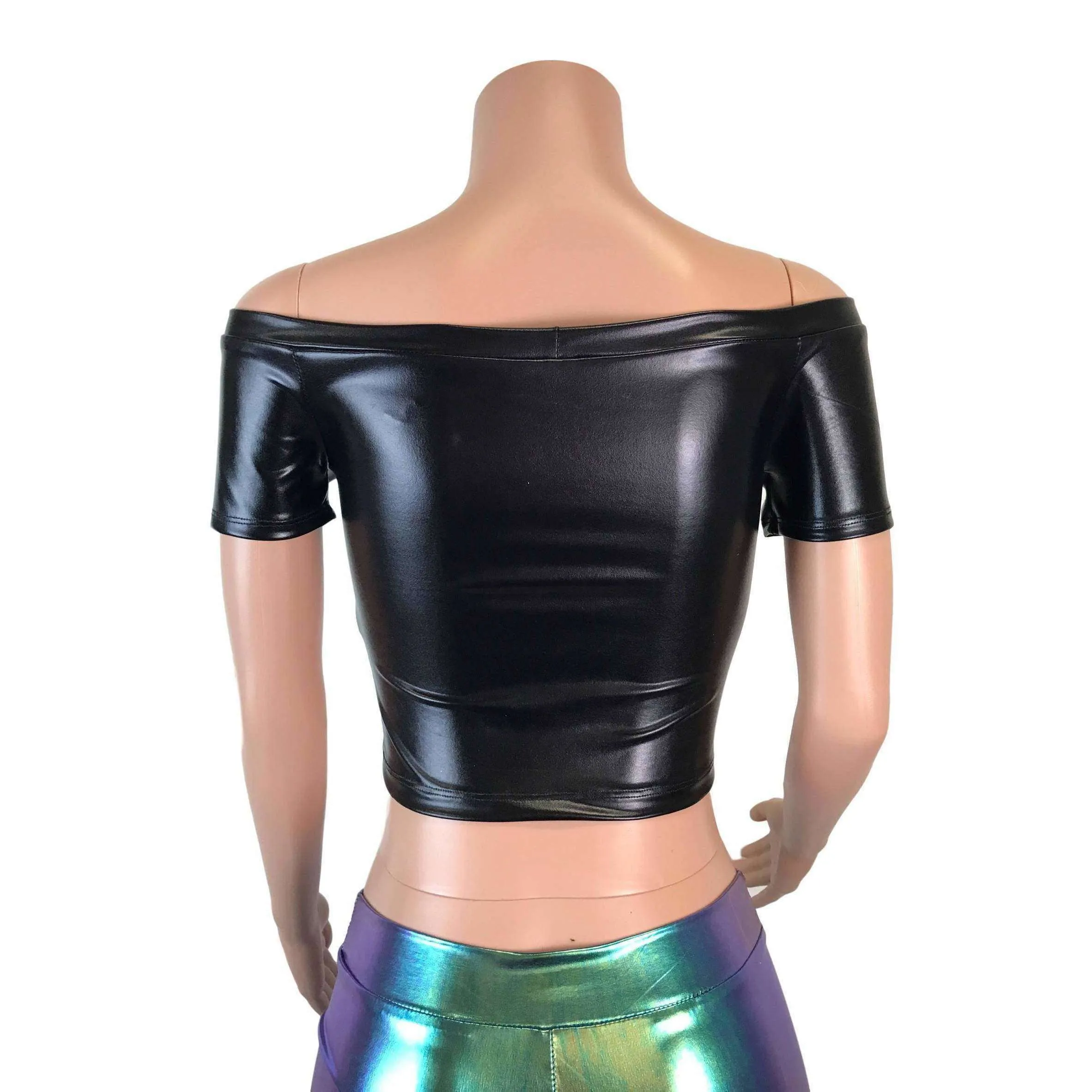 Cold Shoulder Top - Black Metallic "Wet Look"