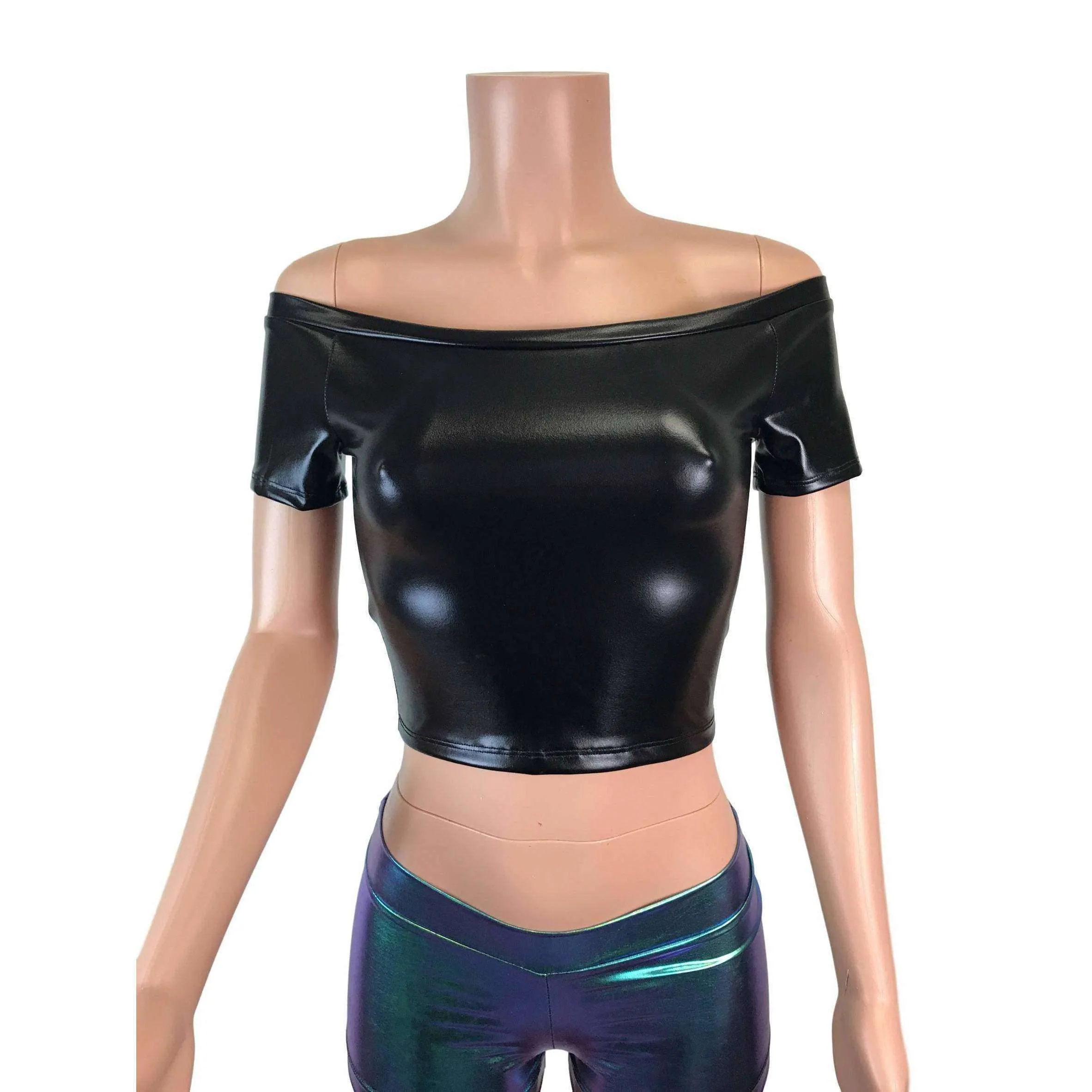 Cold Shoulder Top - Black Metallic "Wet Look"