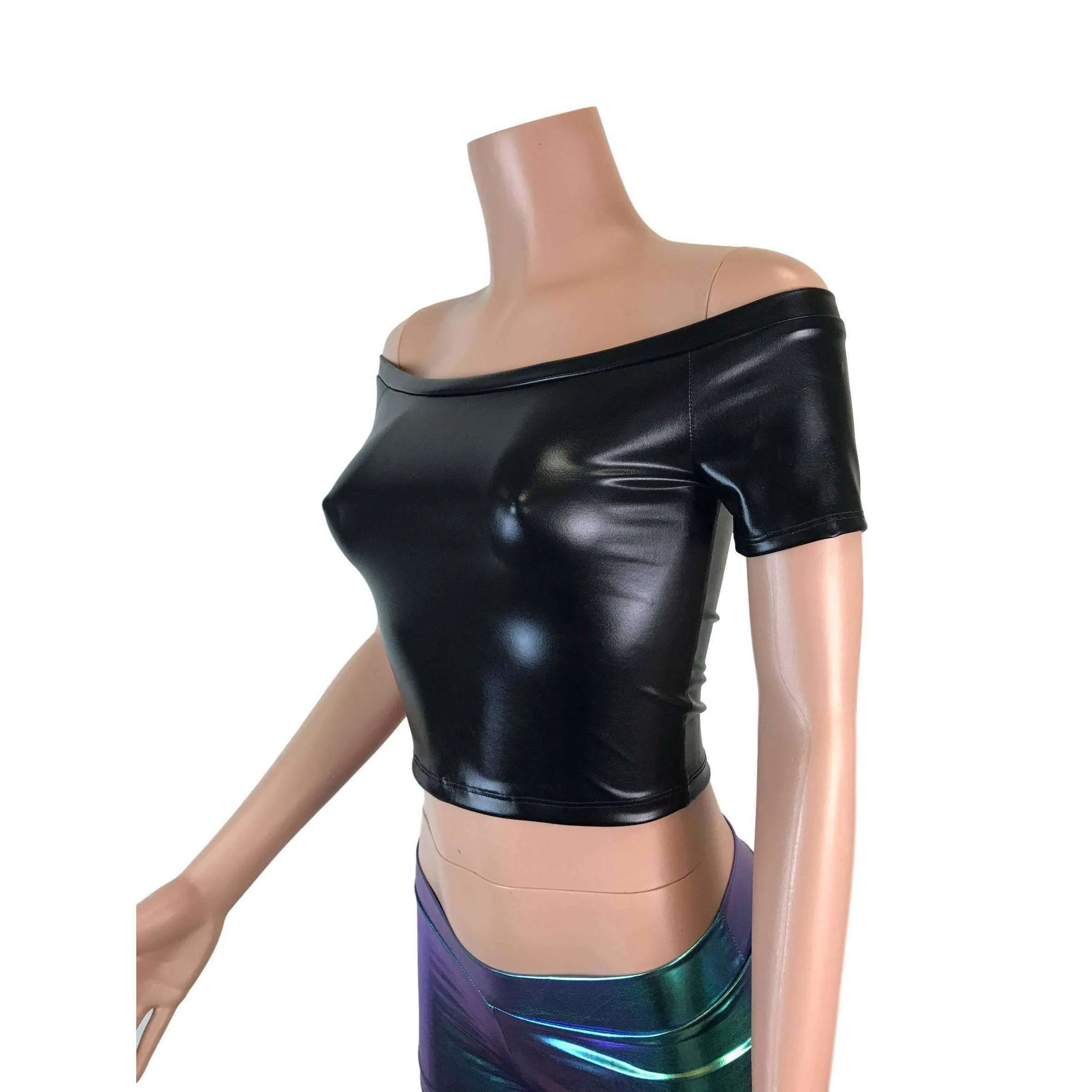 Cold Shoulder Top - Black Metallic "Wet Look"