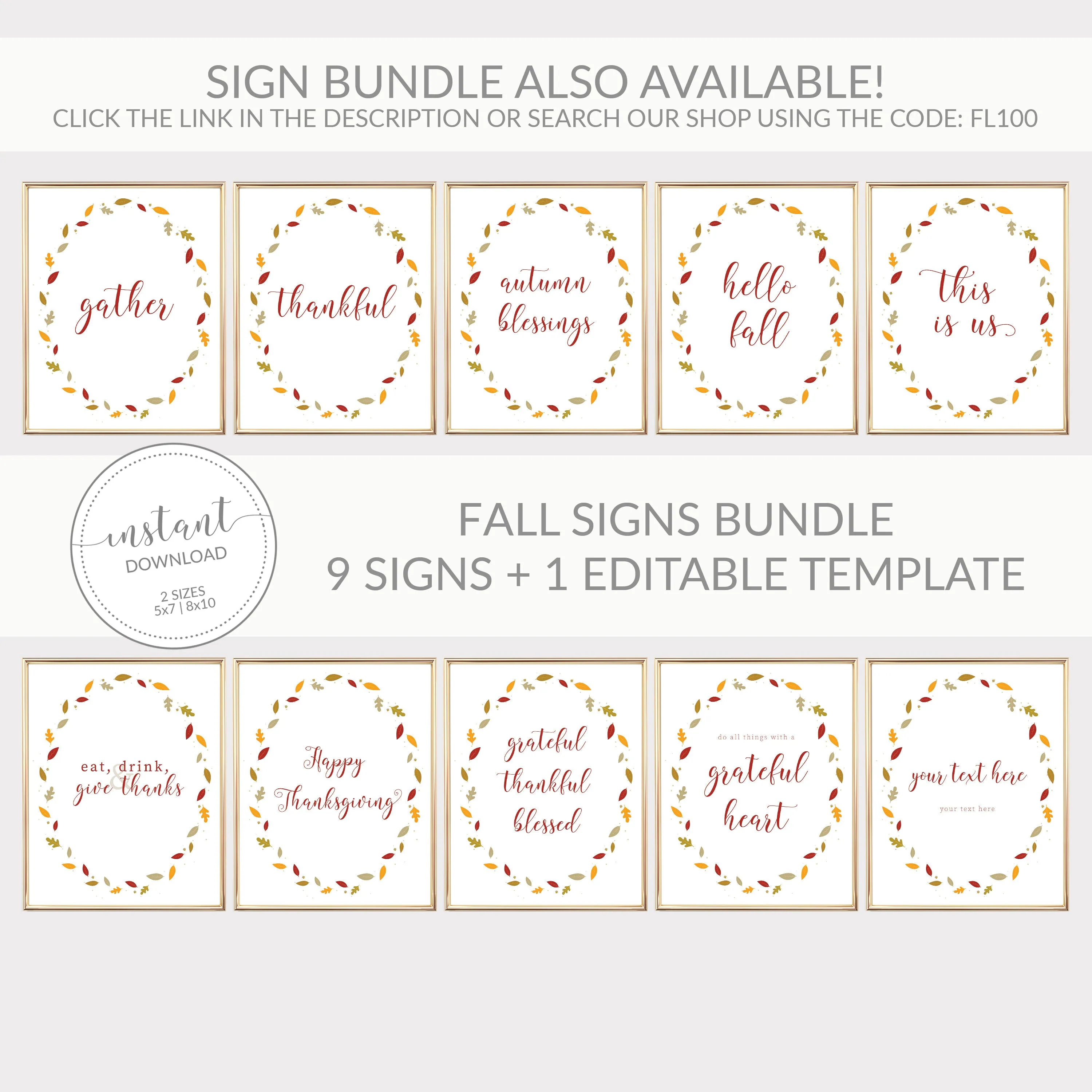 Fall Leaves Happy Thanksgiving Sign Printable, INSTANT DOWNLOAD - FL100