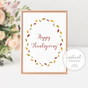 Fall Leaves Happy Thanksgiving Sign Printable, INSTANT DOWNLOAD - FL100