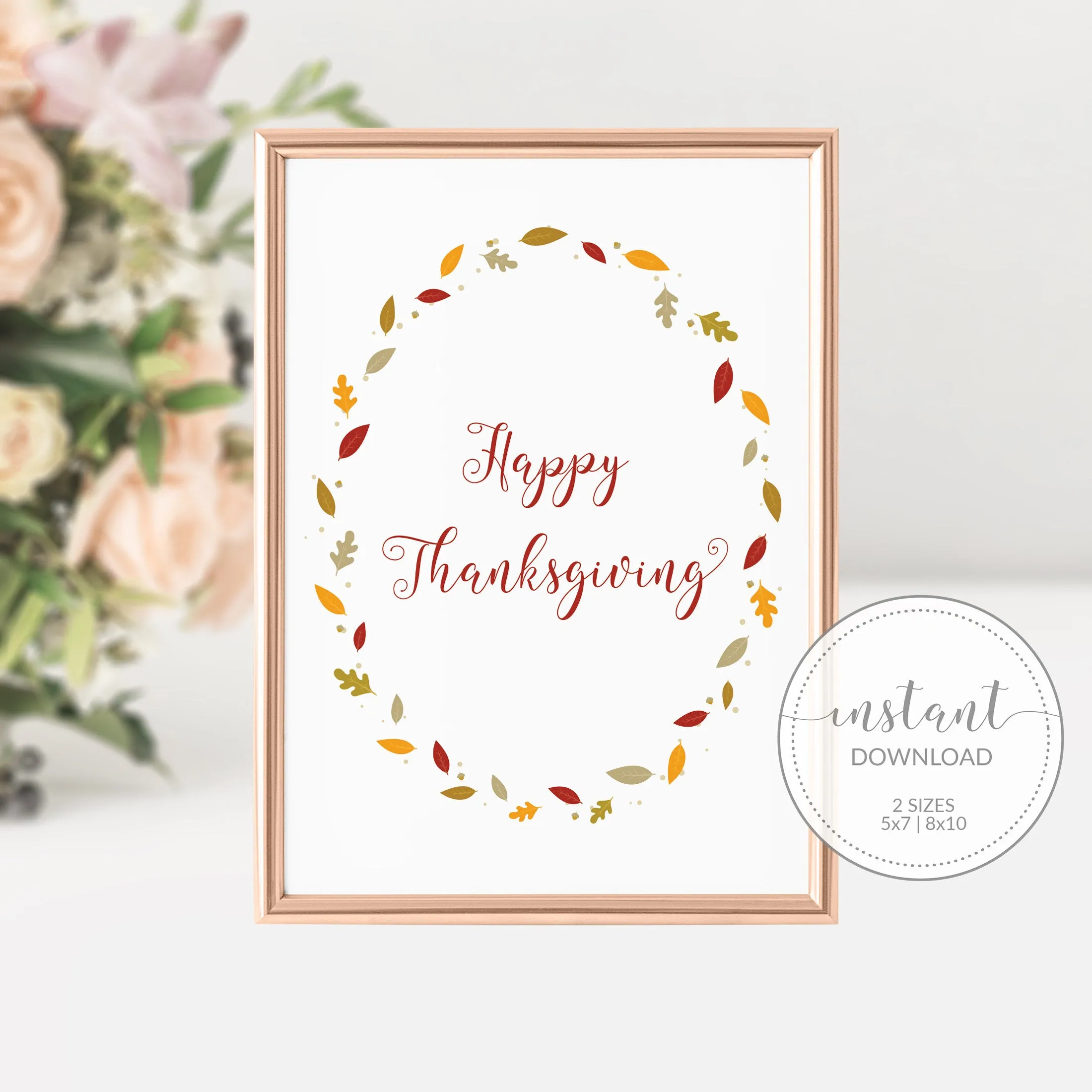 Fall Leaves Happy Thanksgiving Sign Printable, INSTANT DOWNLOAD - FL100