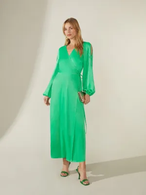 Green Satin Cold Shoulder Wrap Dress