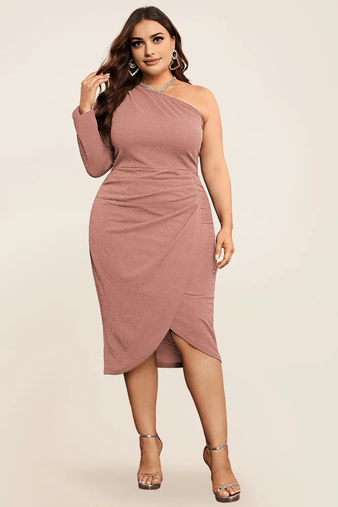 HN Ruched Party Long Sleeve Oblique Neck Dress