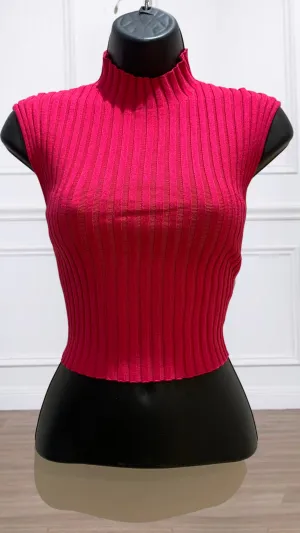 Lewis - Fuschia Ribbed Funnel Neck Top