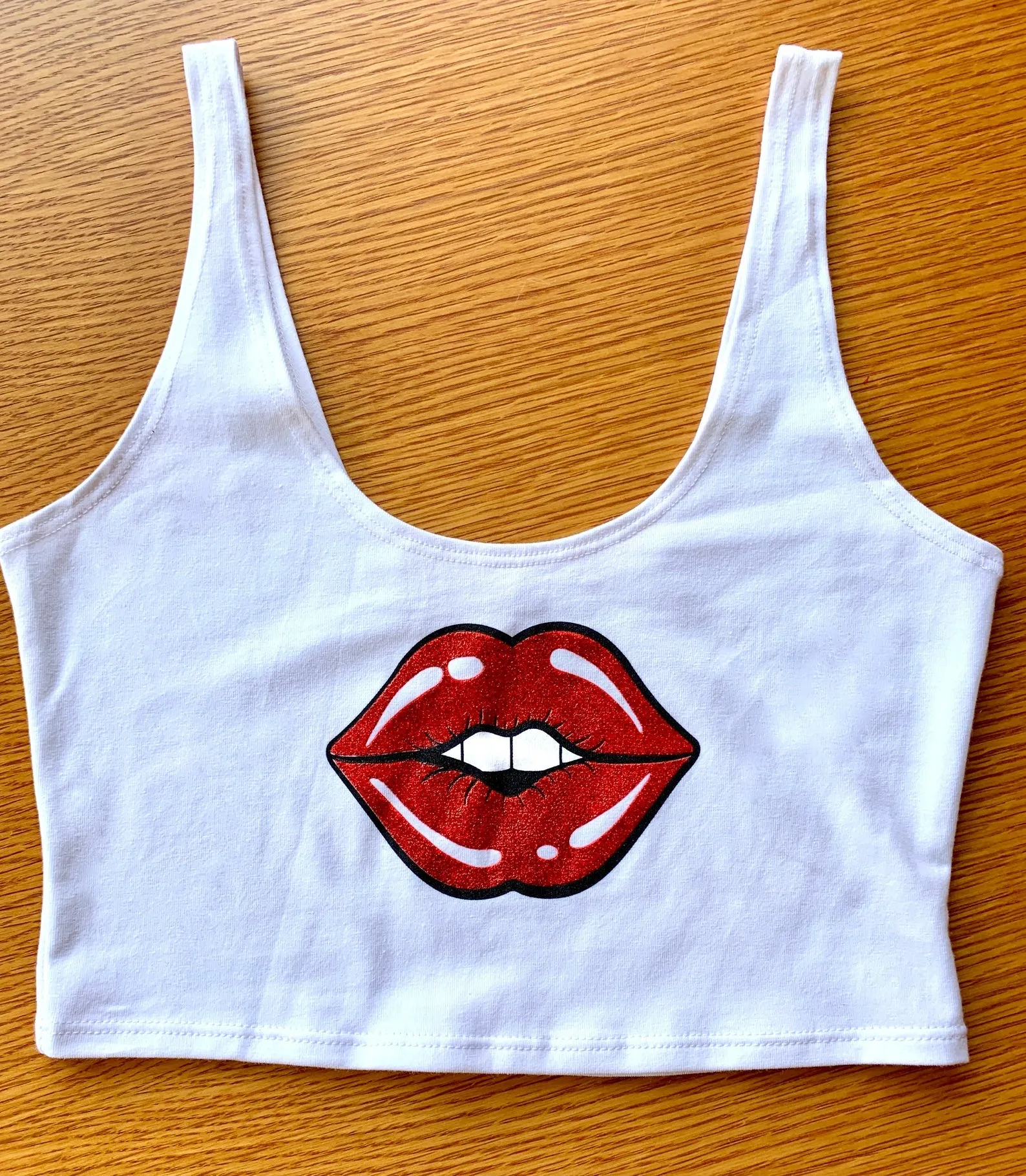 Lips Crop Tank in White with Red Lips