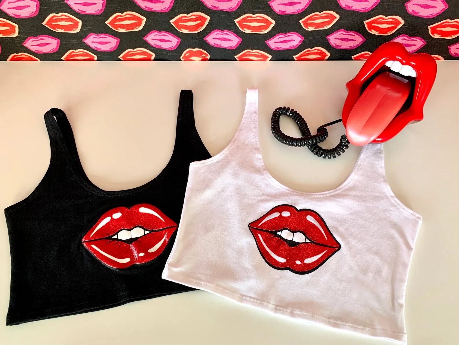 Lips Crop Tank in White with Red Lips