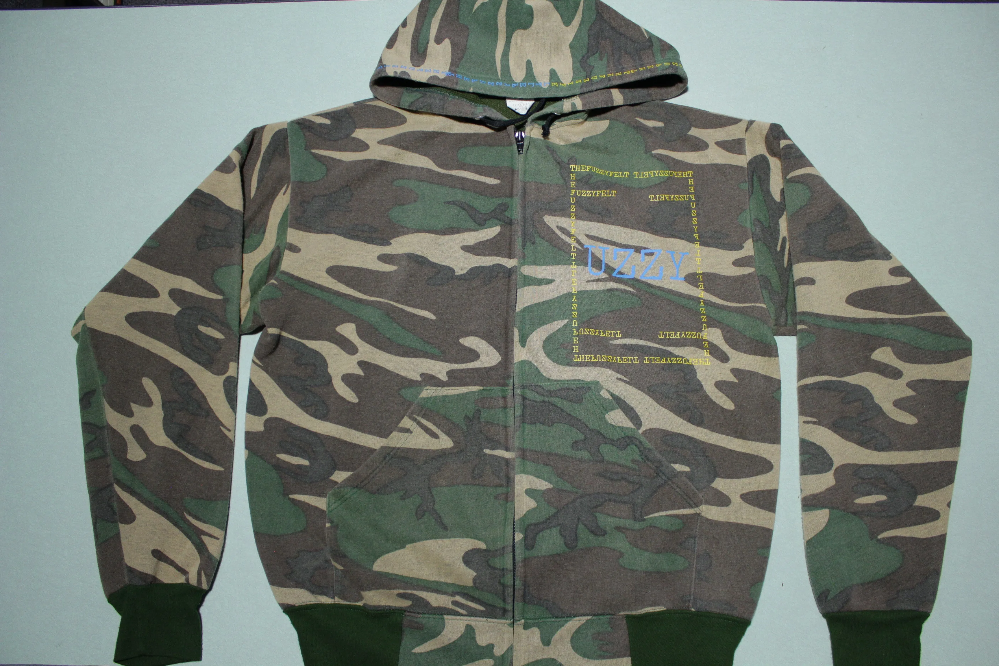 "UZZY" Fuzzy Felt Custom Hand Printed Logo On Camo Vintage Hoodie Sweatshirt