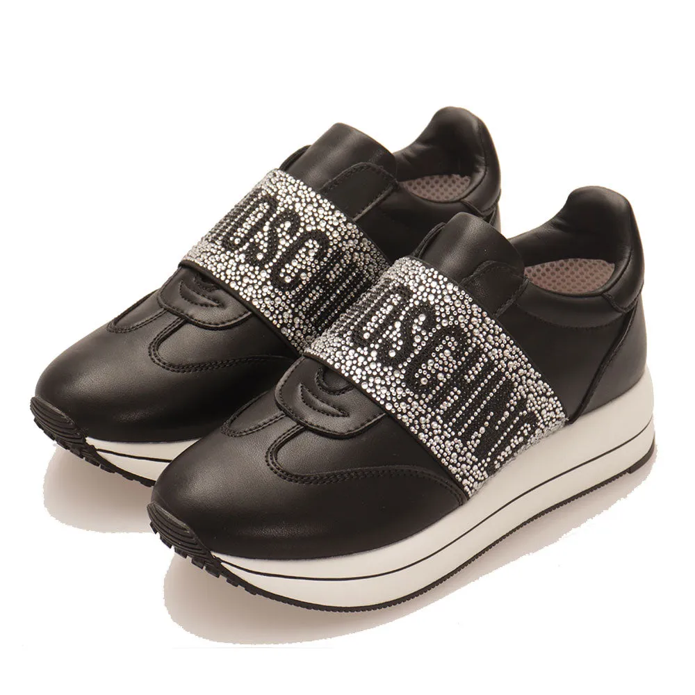 Scarpe Donna LOVE MOSCHINO Sneakers Running Slip On in Pelle Nera con Fascia con Strass