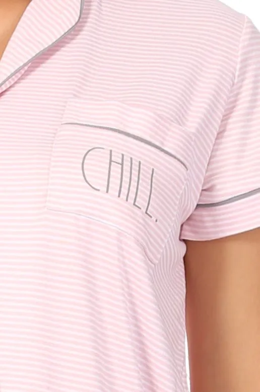 Women's "CHILL" Short Sleeve Notch Collar Button-Up Top and Elastic Waistband Shorts Pajama Set